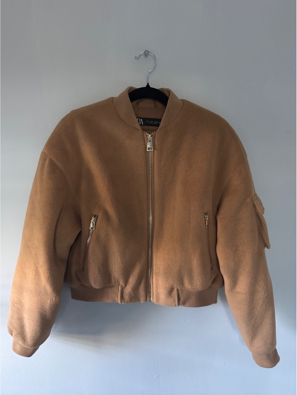 Zara Camel Brown Fleece Bomber Jacket Medium Quilted Lined Zip Up Utility Pocket